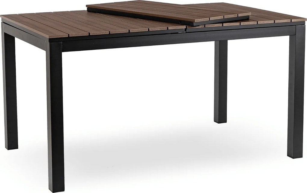 Zestaw Mebli Ogrodowych Stół ARGOS 140-180 cm Orzech/Czarny i 6x Fotel FRESNO Czarny Technorattan Nowoczesny