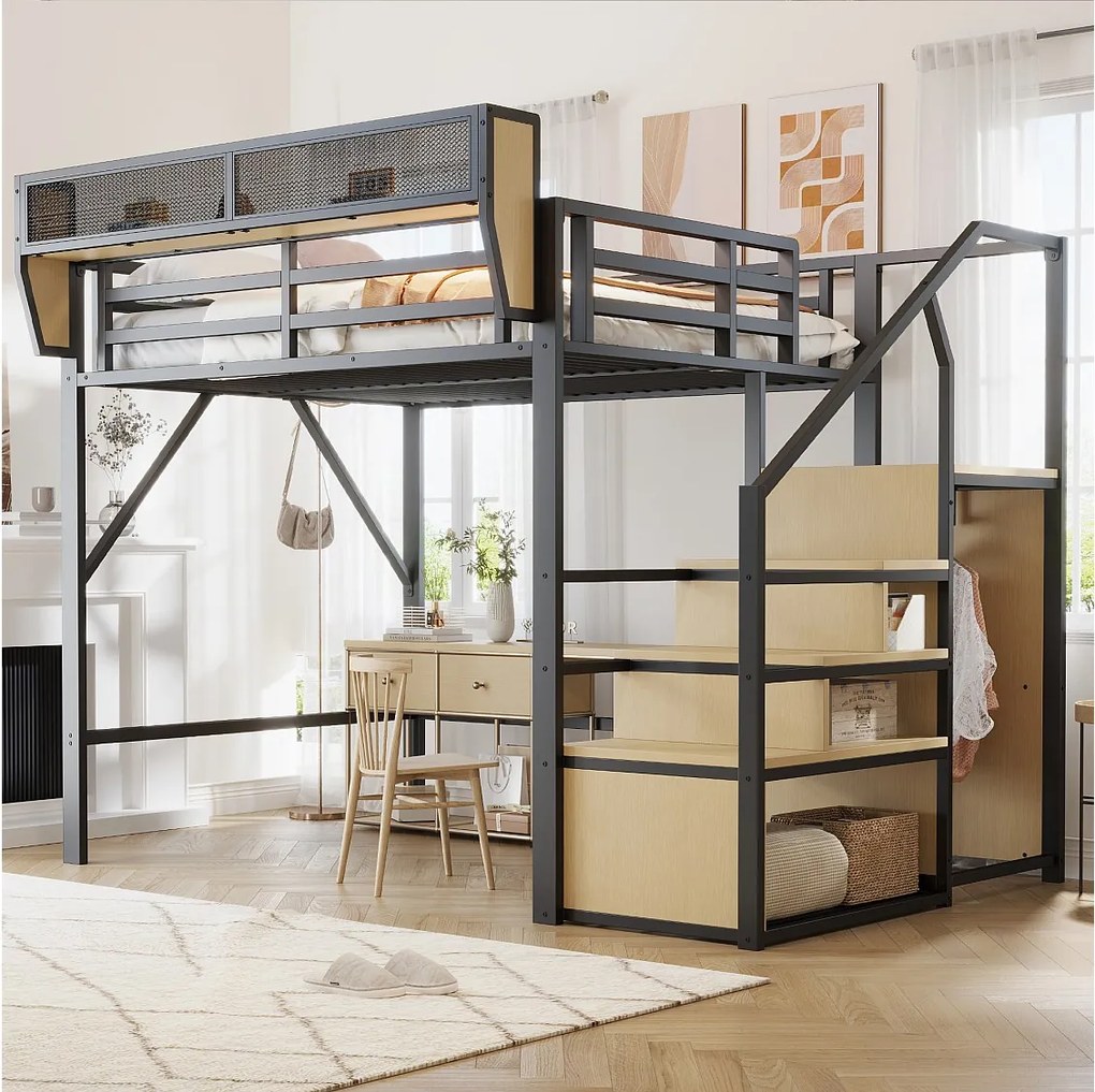 Łóżko piętrowe dla dzieci - 140 x 200 cm - ze schodkami do przechowywania + szafa - MDF + Metal - czarne