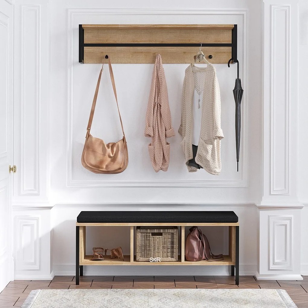 Beżowy drewniany mebel do przedpokoju "Shana" z siedziskiem, 3 przegródkami, 3 haczykami i drążkiem - 100x35x43 cm