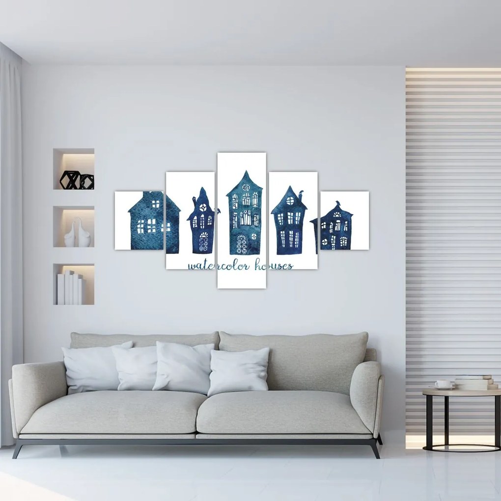 Obraz - Niebieskie domy akwarelowe (125x70 cm)