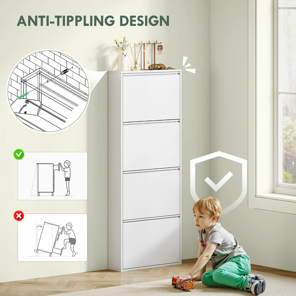 HOMCOM Wąska Biała Szafka na Buty Metalowa do 8 Par Butów z 4 Składanymi Szufladami, dla Przedpokoju, Biała