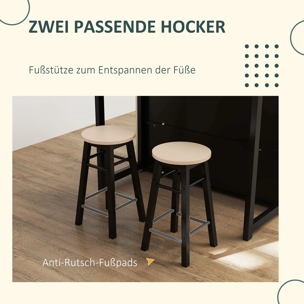 HOMCOM 3-cz. Zestaw Barowy, Bartisch ze Składanym Blatem, 2 Stołki Barowe, 6 Schowków, Czarny+Dąb, 116 x 70 x 89,5 cm