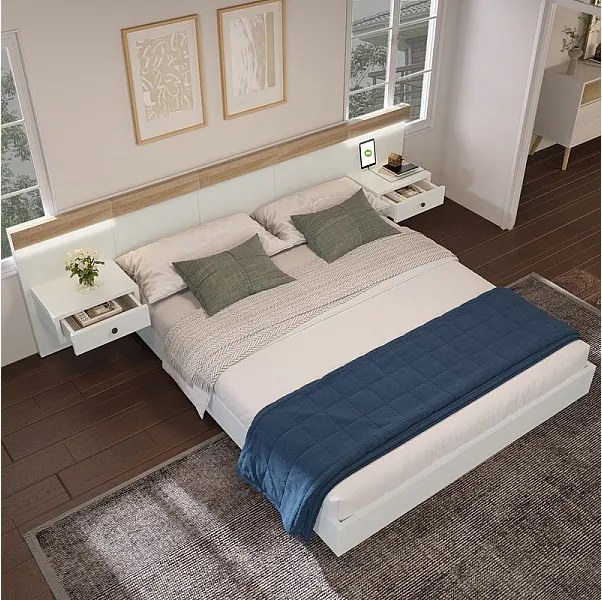 Łóżko podwójne 180×200 cm z 2 lampkami LED, 2 szufladami nocnymi z przechowywaniem i USB/Type C/Gniazdko EU, Białe