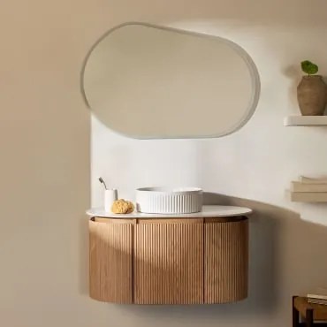 Zestaw Mebli Łazienkowych Z Drewna Carsone Naturalna & Bez Jednostki Pomocniczej & Redondo Cerámica Blanco Rayas Ø36 Cm Sinqua & Owalna - Sklum