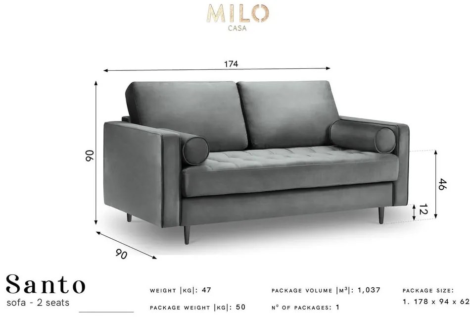 Niebieska aksamitna sofa Milo Casa Santo, 174 cm