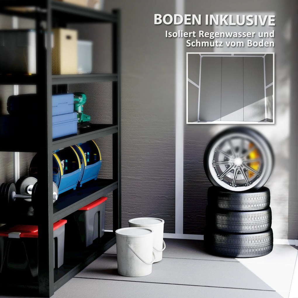 Outsunny Szopa ogrodowa, Schowek na narzędzia z podłogą, zamknięte drzwi, otwory wentylacyjne, okno, wygląd drewna, Tworzywo sztuczne, Szary