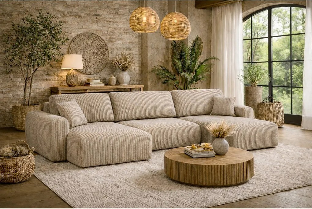 Narożnik w kształcie U z funkcją spania i pojemnikiem Ivo U, tkanina sztruksowa Poso, Ciemnobeżowy