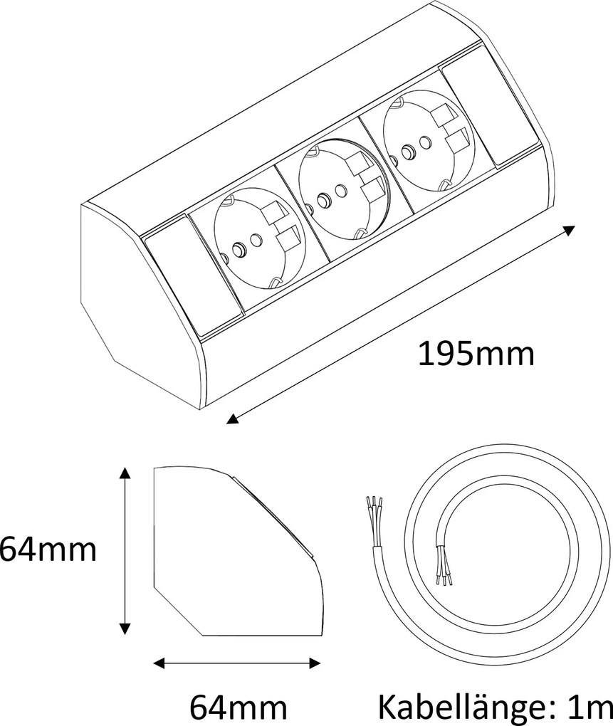 3-gniazdowa listwa zasilająca w kolorze czarnym do narożników