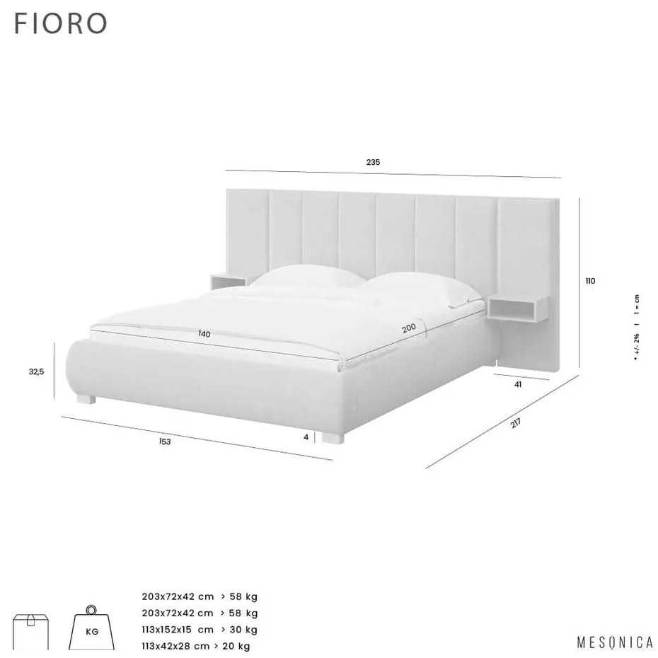 Kremowe tapicerowane łóżko dwuosobowe ze stelażem 140x200 cm Fioro – MESONICA