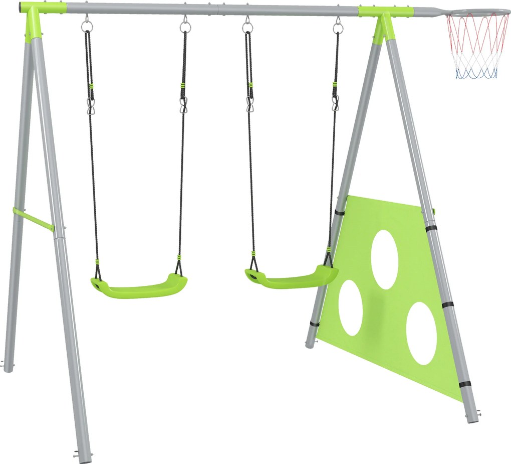 AIYAPLAY Zestaw huśtawkowy dla dzieci, 2 siedziska huśtawkowe, 1 kosz do koszykówki, 1 bramka do piłki nożnej, stelaż metalowy, zielony