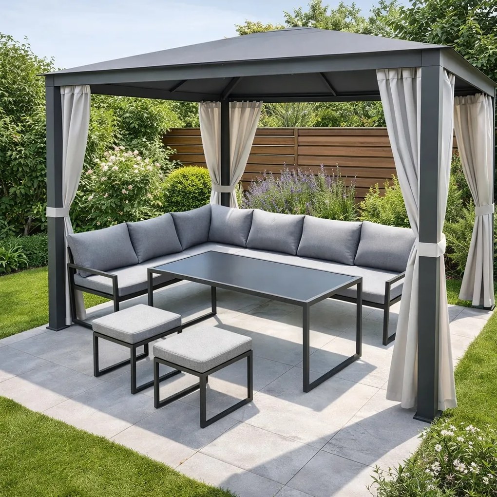 Zestaw mebli ogrodowych Borello XLS2013 - narożnik z 2 pufami i stołem obiadowym