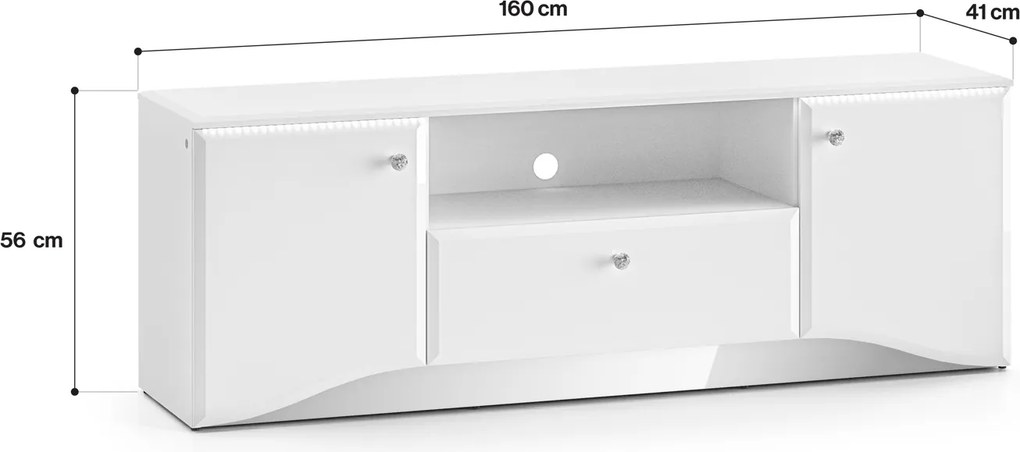 Szafka RTV 160 cm z oświetleniem LED Glamour 03, biały połysk