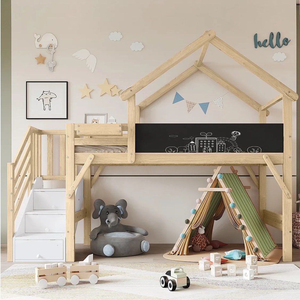 Łóżko piętrowe dla dzieci z pojemnikiem - 90 x 200 cm - z 3 schowkami w schodach - sosna + MDF - białe
