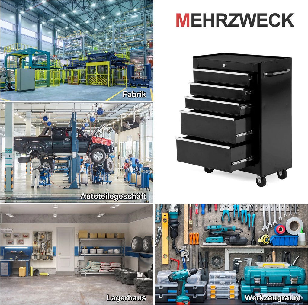 HOMCOM Szafka na Narzędzia, Skrzynka Narzędziowa, 5 Szuflad, na Kółkach, Stal, Czarna