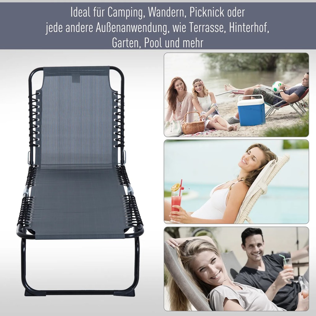 Outsunny Leżak Składany Ogrodowy Ciemnoszary Stal i Tkanina Siatkowa 4 Stopnie Regulacji Oparcia 197x58x76cm | Aosom PL