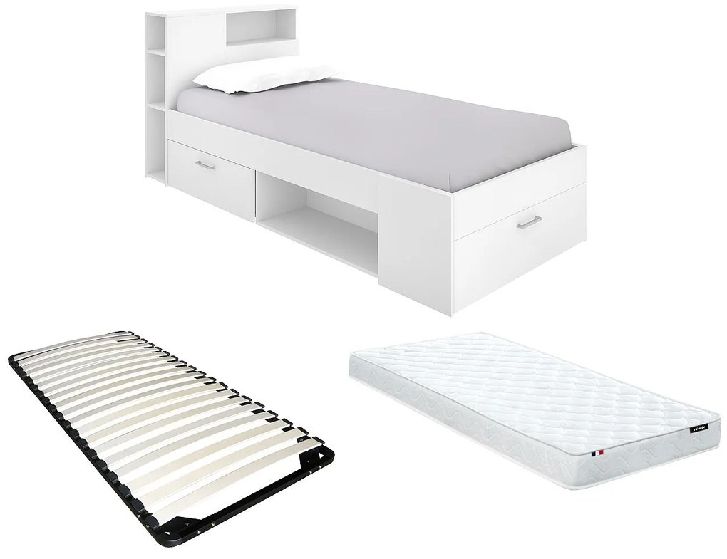 Łóżko LEANDRE z zagłówkiem, ze skrzynią  i szufladą – 90 × 190 cm – Biały + materac + stelaże - LEANDRE