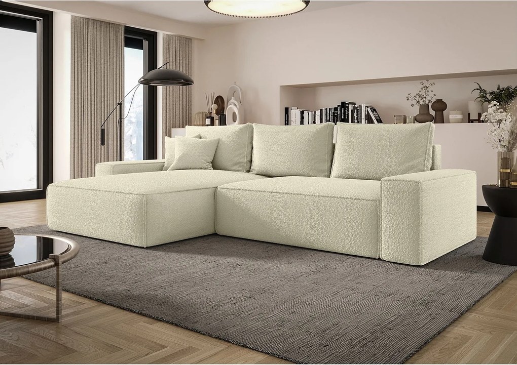 NAROŻNIK MONA z funkcją spania QUELLE 02 Ecru Lewy Sofa w kształcie L z pojemnikiem na pościel, sofa rozkładana, sofa do salonu