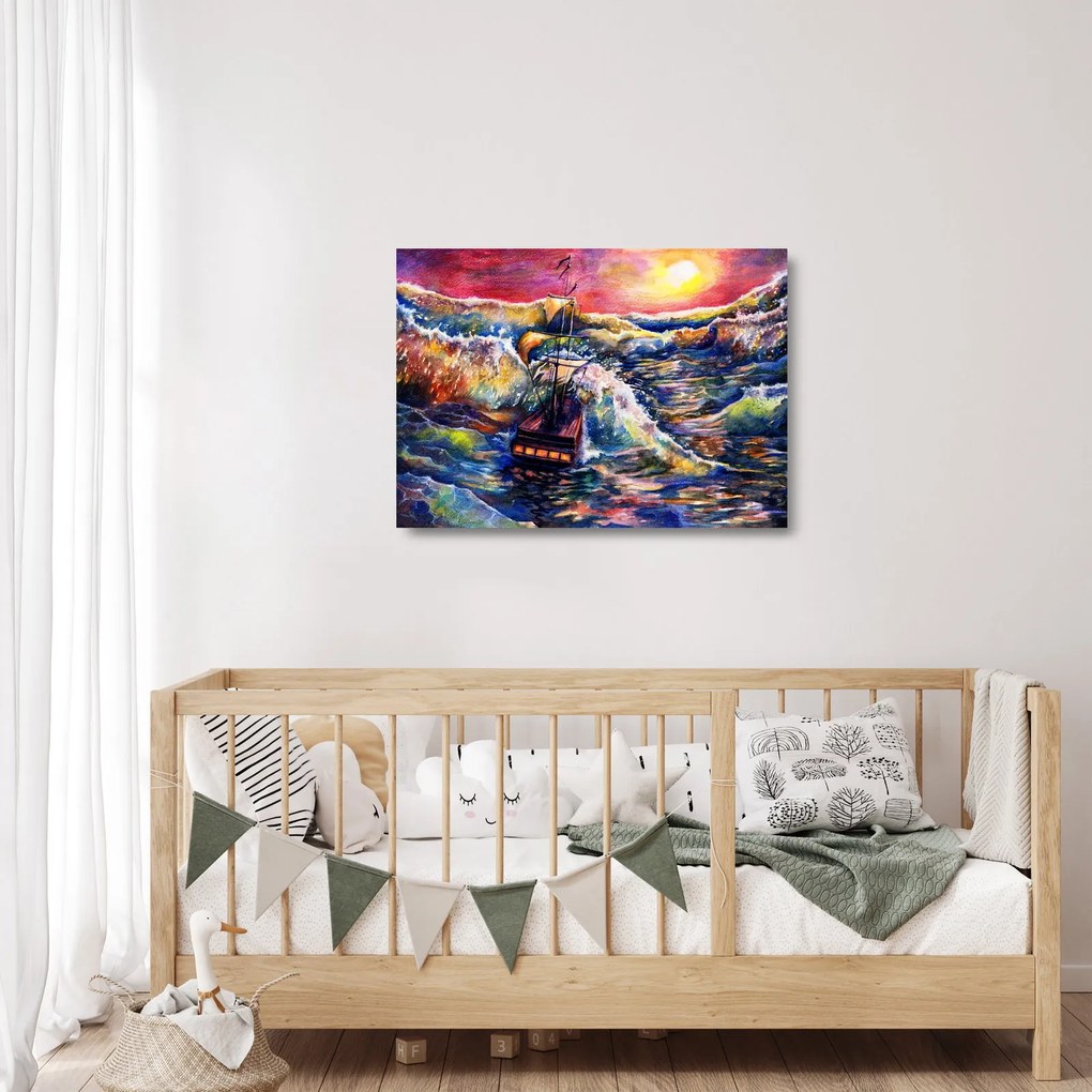 Obraz na szkle - Statek na falach oceanu, akwarela (70x50 cm)