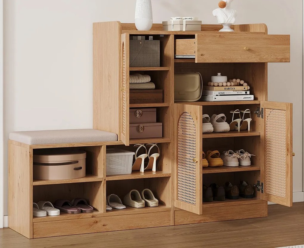 Wielofunkcyjna szafa na buty 142x35x110cm - z pikowanym siedziskiem - z 3 drzwiami z rattanu i 1 szufladą - Naturalny
