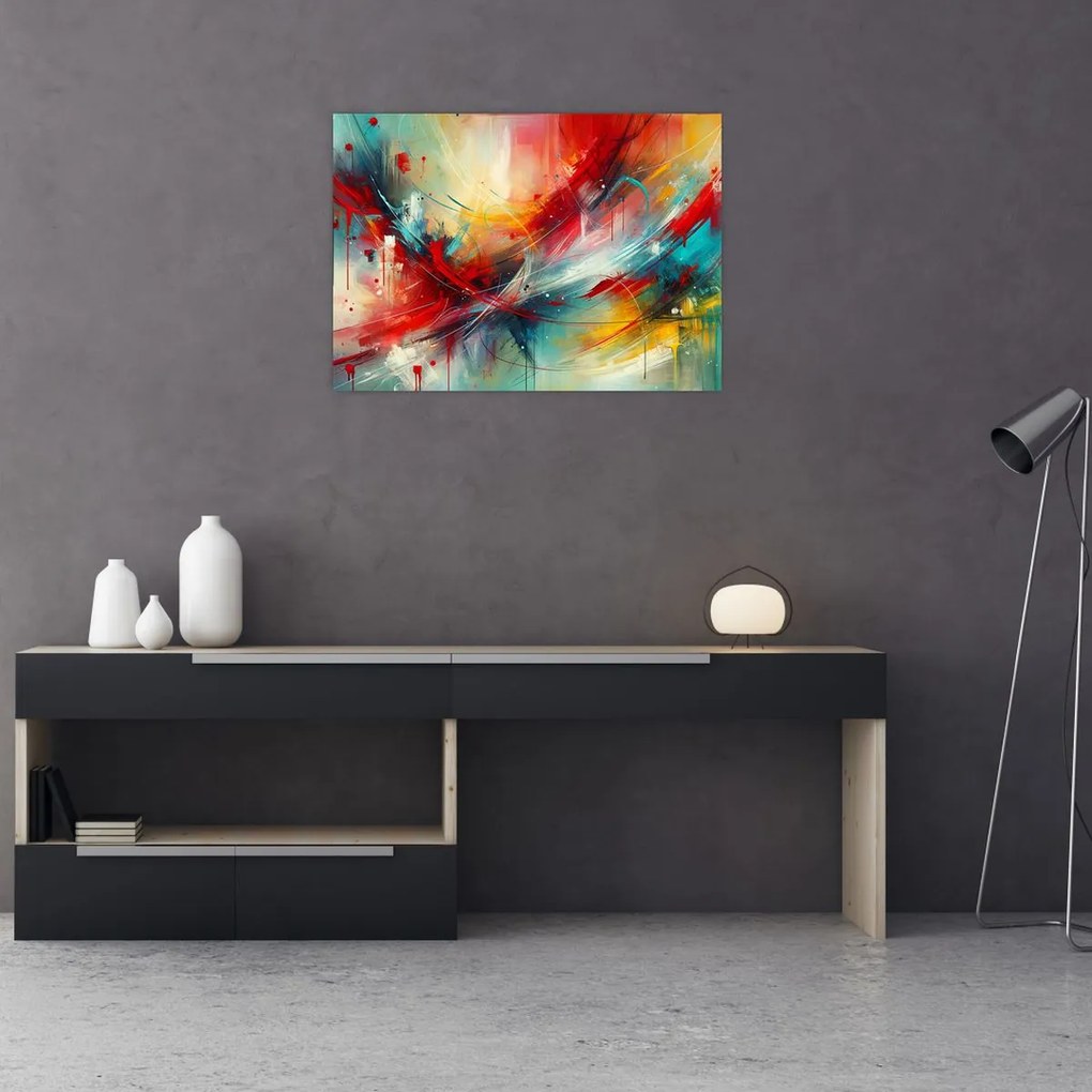 Obraz na szkle – Abstrakcja z czerwienią (70x50 cm)