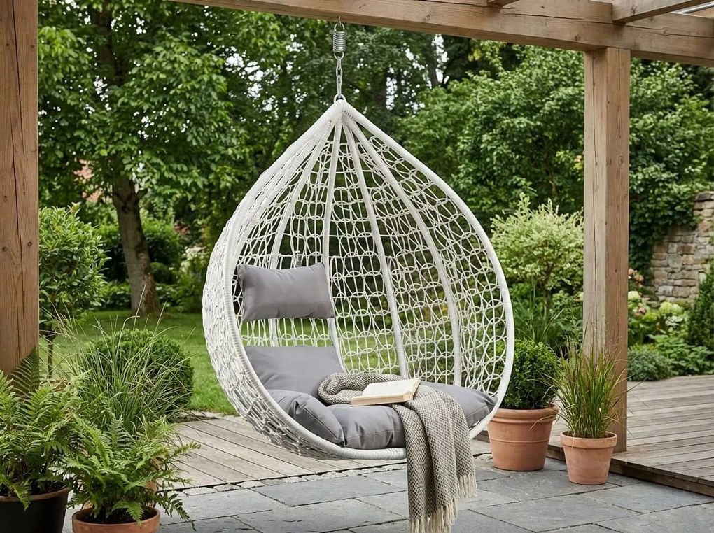 Białe wiszące krzesło KOKON bez stojaka, jasna poduszka