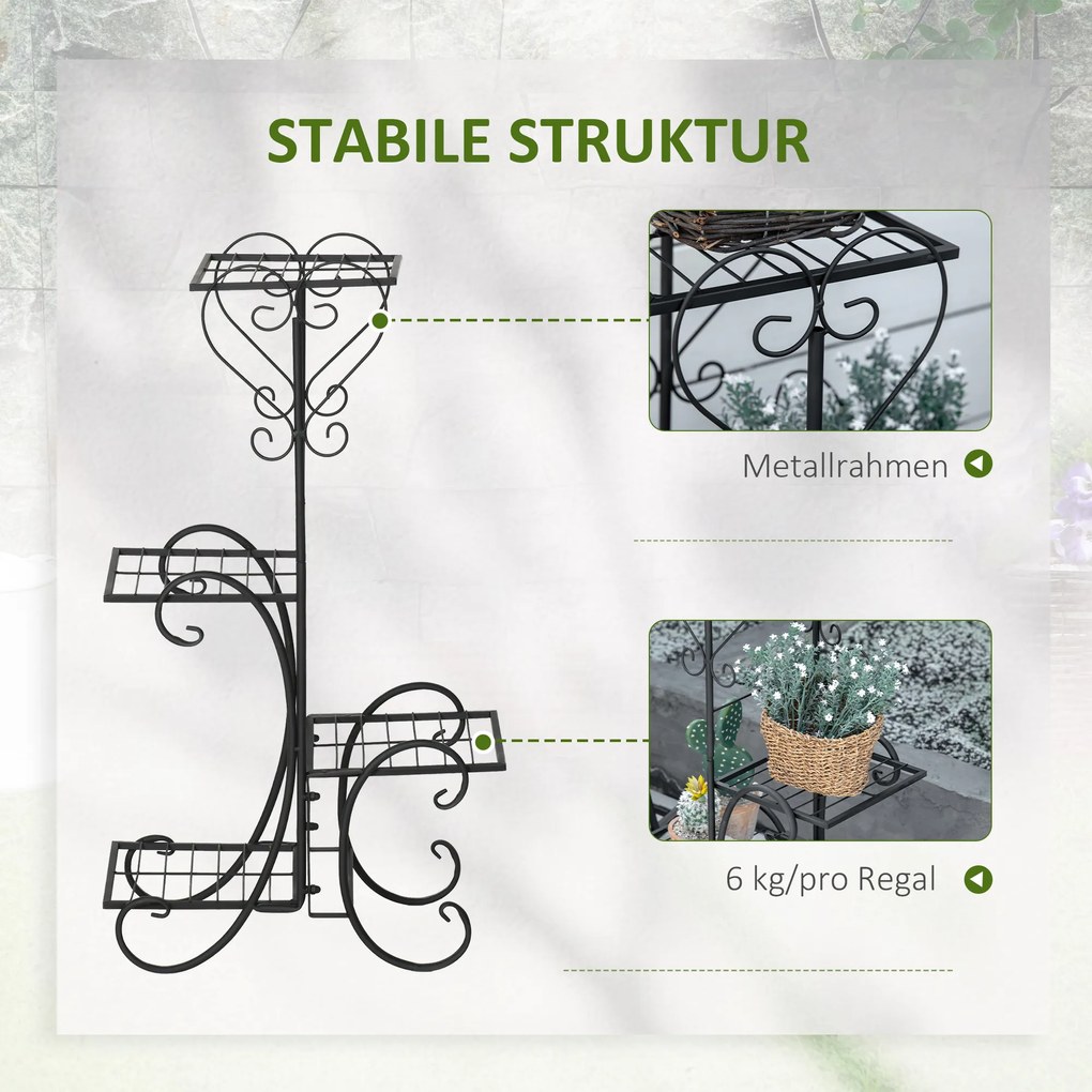 Outsunny Metalowy regał na kwiaty 4 poziomy do wnętrz i ogrodu Stabilny kwietnik na balkon Czarny 45x245x80cm | Aosom PL