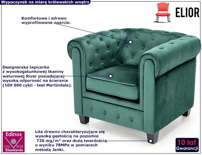 Zielony pikowany fotel w stylu Chesterfield - Vismos 3X