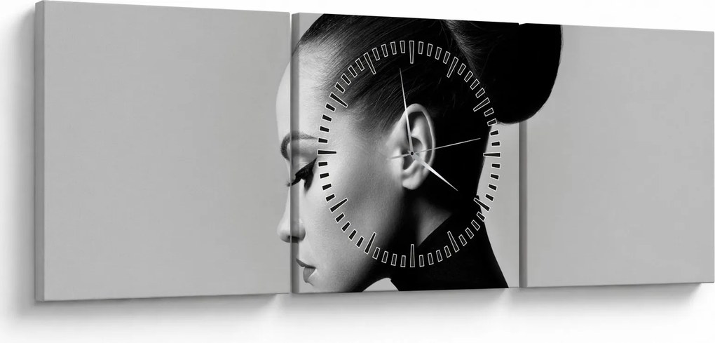 Obraz - Profil pięknej kobiety (z zegarem) (90x30 cm)