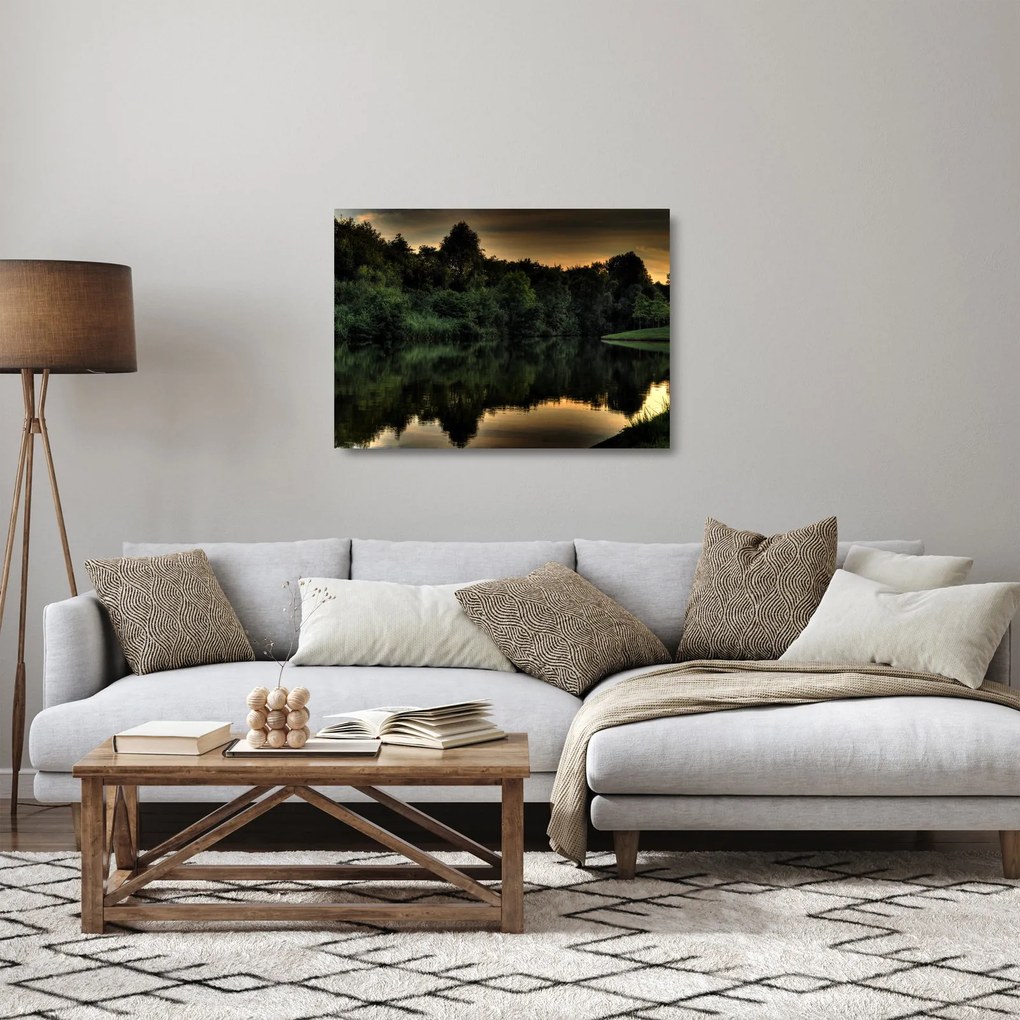 Obraz na szkle - jezioro przy lesie (70x50 cm)