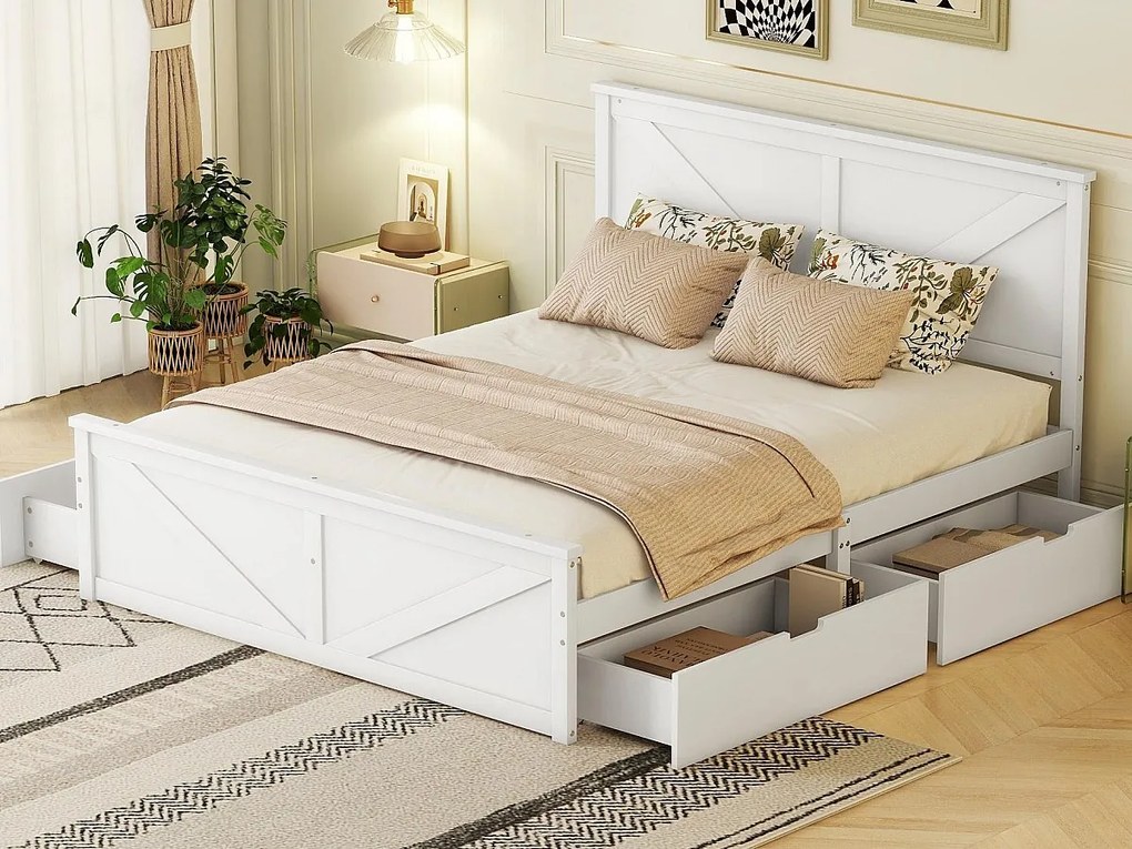 Łóżko dwuosobowe 160x200cm - z 4 szufladami - z litego drewna - Białe