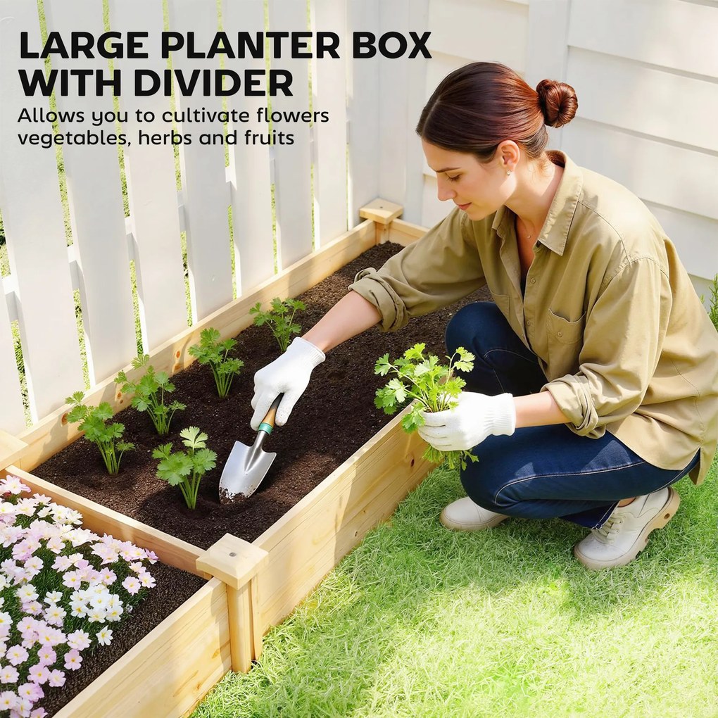 Outsunny Podwyższona skrzynia z drewna, donica z przegrodą i otwartym dnem, grządka ogrodowa 235 x 66 x 26 cm drewno naturalne | Aosom PL