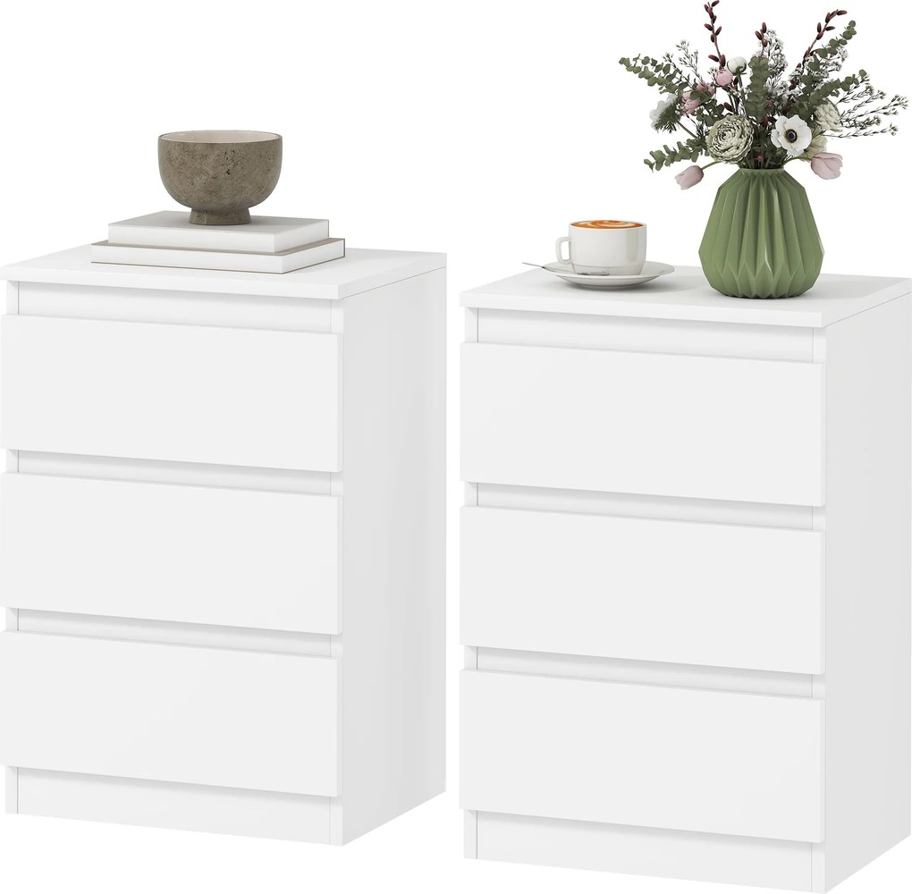 HOMCOM Nocny Stolik, Zestaw 2 Sztuk Stolików Bocznych z 3 Szufladami, Commode Nocna do Sypialni, Salonu, 40 x 30 x 59,5 cm, Biały