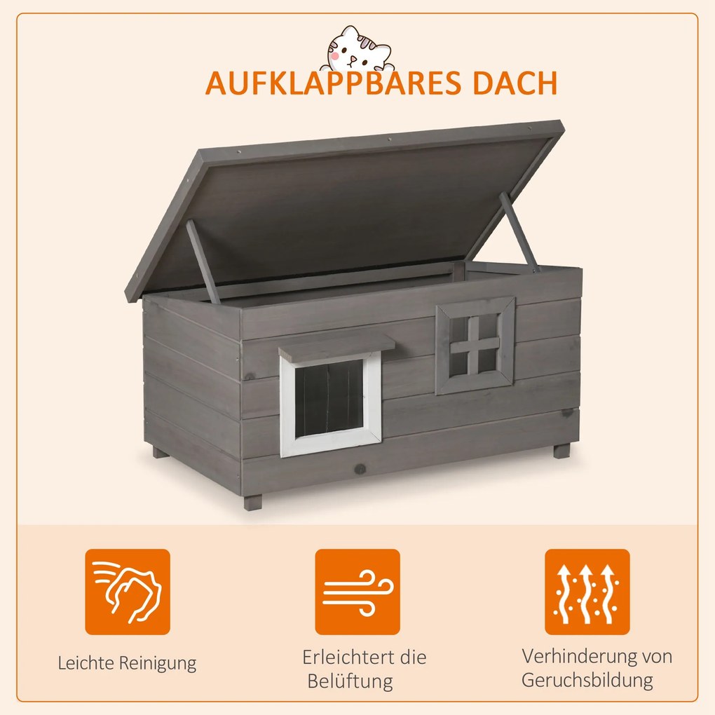 PawHut dom kot chata dla kota z asfaltowym oknem dachowym odporne na zimę drewno jodłowe szare