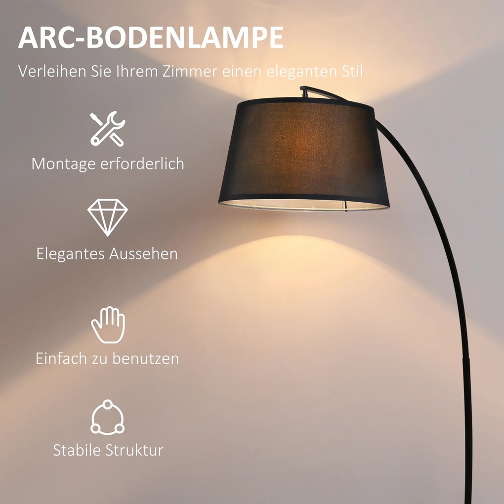 HOMCOM Lampa Stojąca z Abażurem z Tkaniny, Łukowa Lampa Podłogowa z Okrągłą Podstawą, Metal, 105L x 47S x 190W cm, Czarna