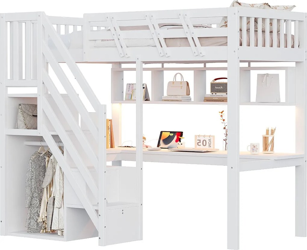 Łóżko piętrowe dla dzieci - 90 x 200 cm - ze schodkami do przechowywania + biurko + port USB + diody LED - drewno - białe