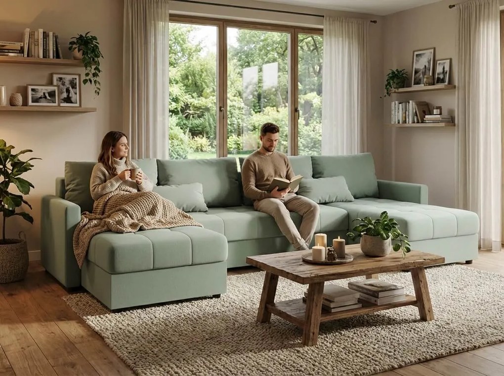 Rozkładana sofa w kształcie U VENORIA 285x146 cm, jasny zielony + 2 poduszki GRATIS