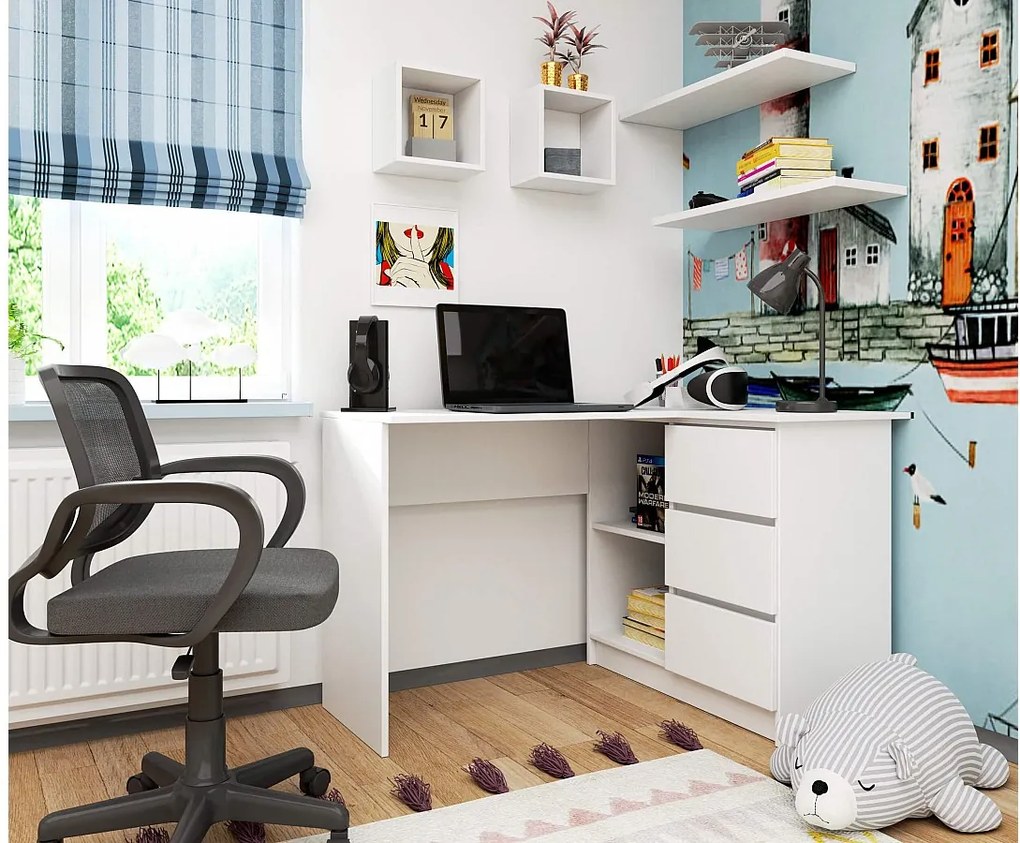 Biurko narożne AKORD B16 Białe 124 cm prawe 3 szuflady kolor Biały mat 2 półki 124x85x77 cm