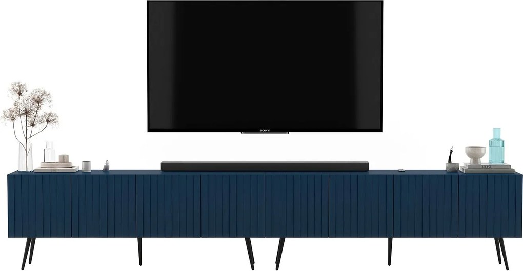 Szafka RTV z 8 drzwiami - Korpus granatowy mat, ryflowane fronty granatowy mat - 300 cm, czarne nóżki
