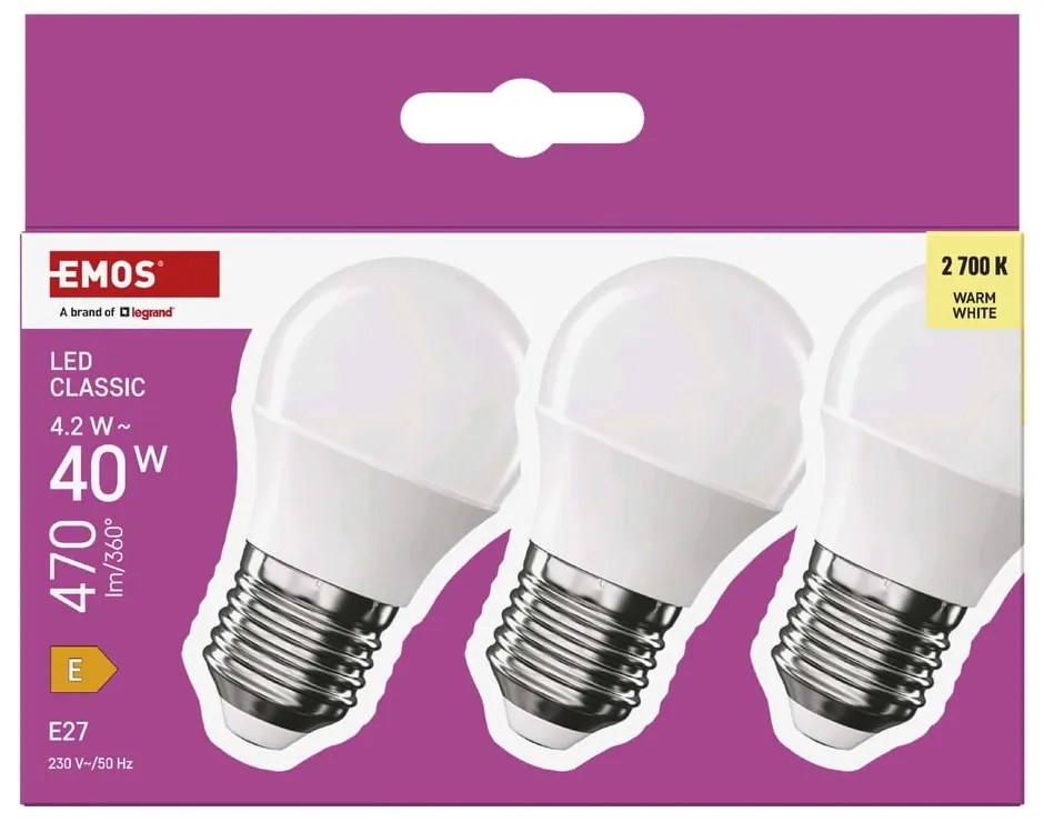 Żarówki LED z ciepłym światłem z gwintem E27 zestaw 3 szt., 4 W – EMOS