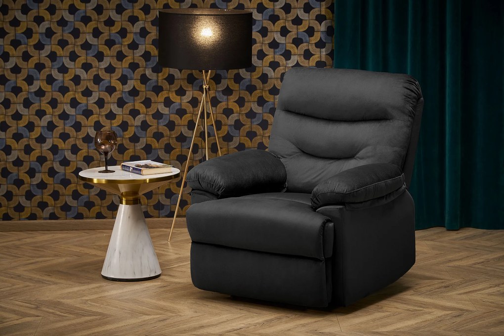 Fotel wypoczynkowy do salonu rozkładany czarny welur DRAGER