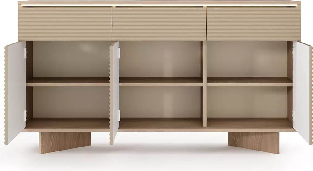 Komoda Parsja 3D3S 154 cm LED – komoda do salonu z szufladami, ryflowane fronty, bolivar naturalny / cappuccino, push-to-open