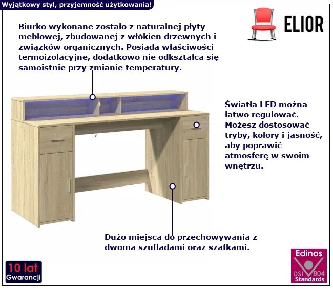 Biurko podświetlane 160 cm dąb sonoma - Elvon