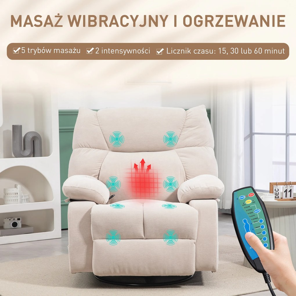 HOMCOM Fotel Masażowy z Funkcją Ogrzewania i Leżenia, Obrotowy, Do 150 kg, Konstrukcja Metalowa, 98x90x98cm, Beżowy