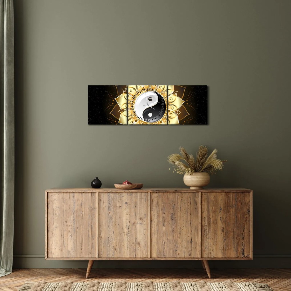 Obraz - Złoty Yin-Yang (z zegarem) (90x30 cm)