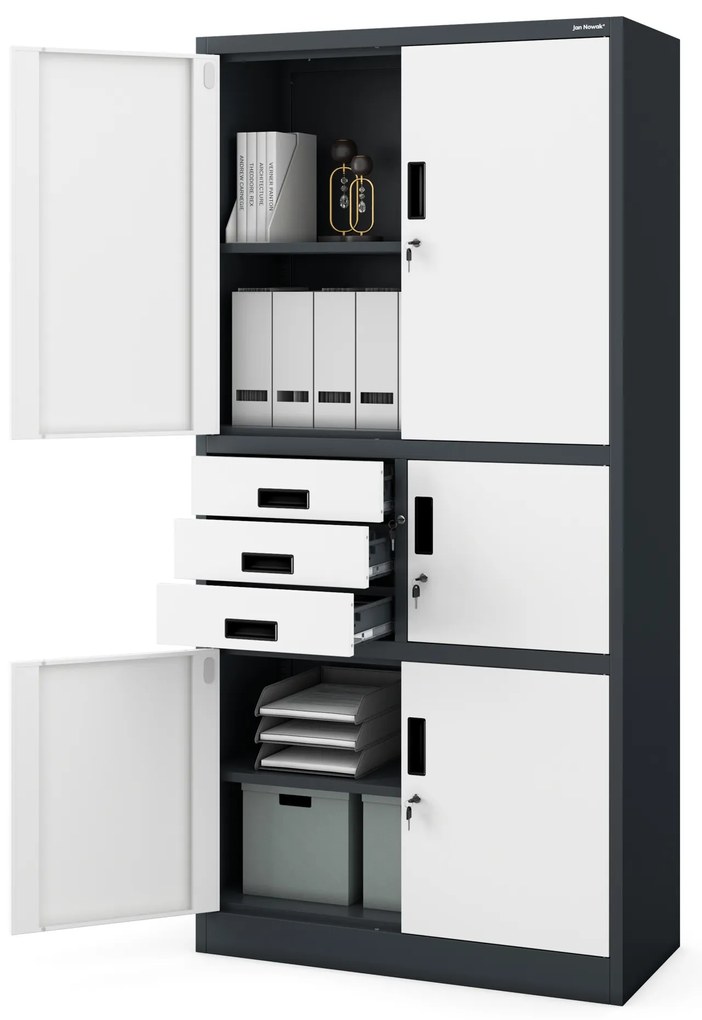 Biurowa szafa metalowa z sejfem na akta i dokumenty FILIP II, 900 x 1850 x 400 mm, antracytowo-biała