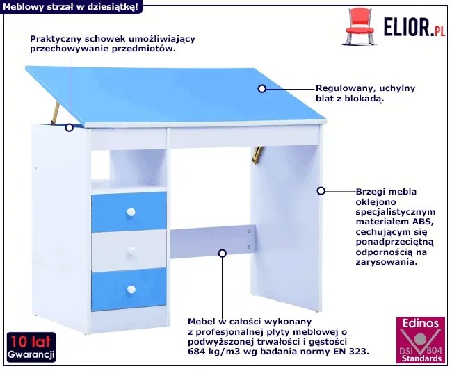 Niebiesko-białe biurko z uchylnym blatem do rysowania dziecięce K7-E65