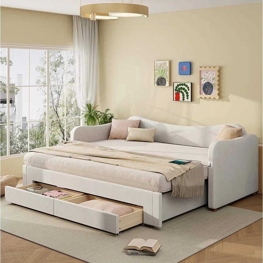 Sofa rozkładana z wysuwanym łóżkiem - 90/180 x 200 cm - z 2 szufladami + port USB - aksamitna - beżowa