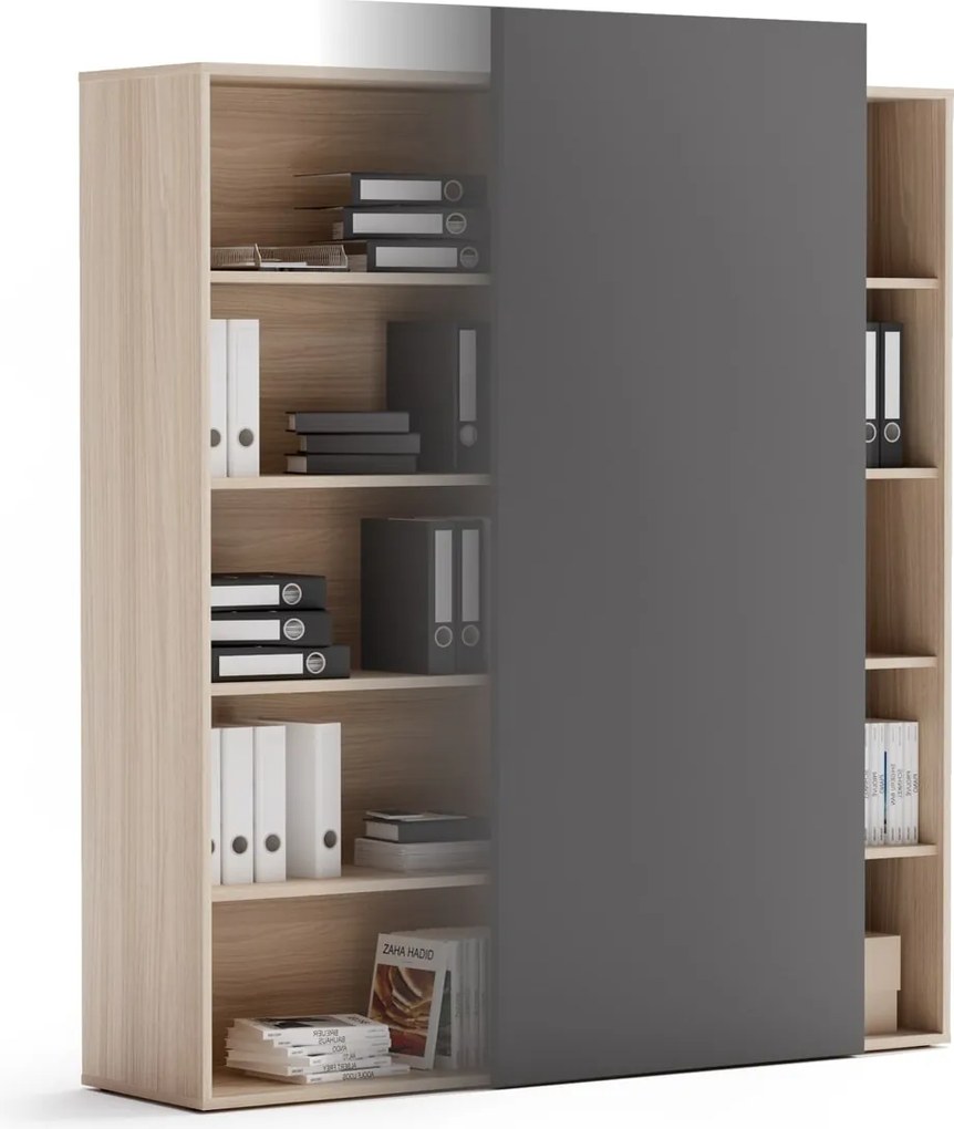 Regał biurowy z przesuwnym panelem BLOCK, 1600 x 400 x 1748 mm, grafitowy