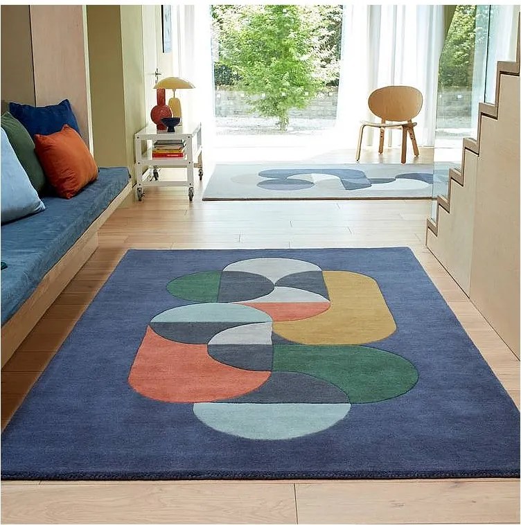 Dywan geometryczny, ręcznie robiony, 100% wełna - 120x170cm - niebieski, zielony, kremowy, pomarańczowy, złoty - Matrix Statement