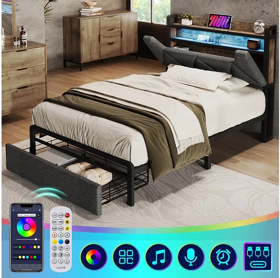 Łóżko dziecięce 90 x 200 cm z szufladą i schowkiem na wezgłowie - USB + Typ C + LED - Len - Szary